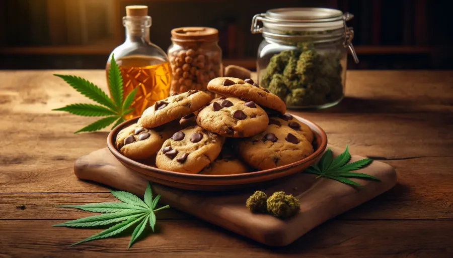 A plate of homemade cannabis chocolate chip cookies on a rustic wooden table, with golden brown cookies.