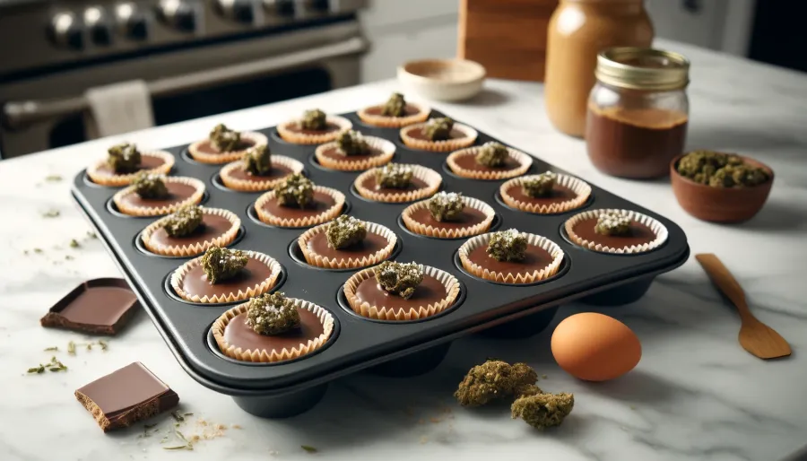 Homemade cannabis-infused peanut butter cups in a mini muffin tin lined with paper liners, showing layers of dark melted cannabis chocolate and creamy peanut butter mixture, garnished with a sprinkle of sea salt on top, arranged on a marble countertop, kitchen background.