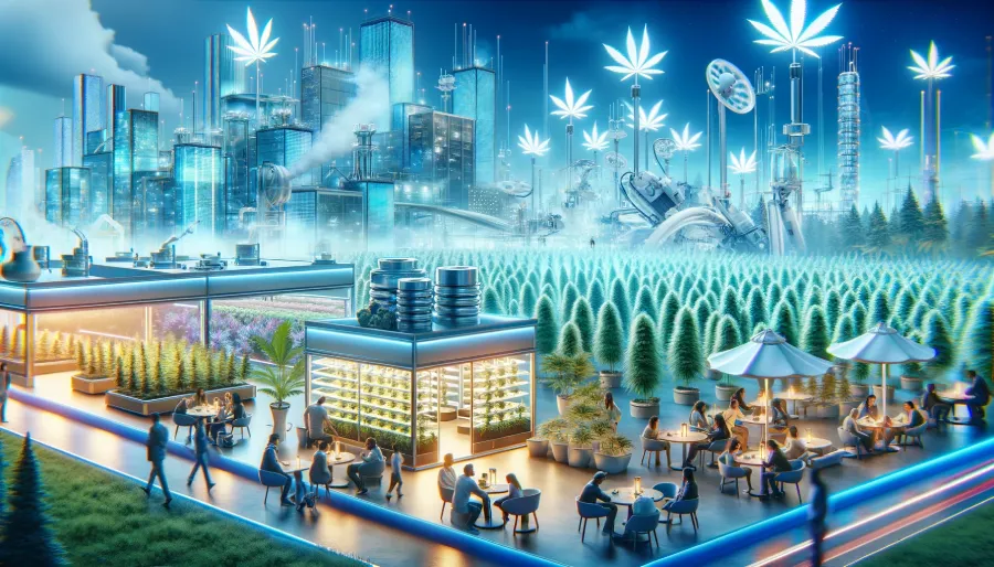 This image includes elements of a high-tech cannabis farm and cannabis-friendly urban settings, emphasizing the modern and integrated future of the industry.