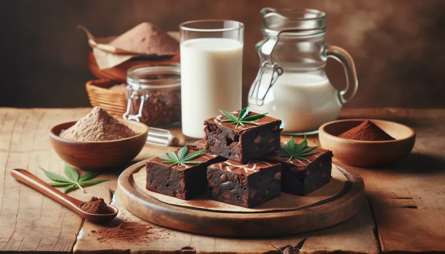 A photo of vegan cannabis chocolate brownies on a rustic wooden table, with some cut into squares showing a moist texture. The background features a glass of almond milk and a few raw ingredients like cocoa powder and gluten-free flour. The setting has a cozy, home-kitchen vibe with soft, warm lighting.
