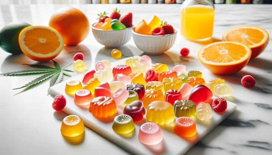 A vibrant photo of vegan gluten-free cannabis gummies in various shapes and colors, displayed on a white marble surface. Each gummy is glossy and translucent, showcasing flavors like orange, lemon, and raspberry. The setting includes small bowls of fresh fruit juices used for the gummies, emphasizing a clean and bright aesthetic with natural light.