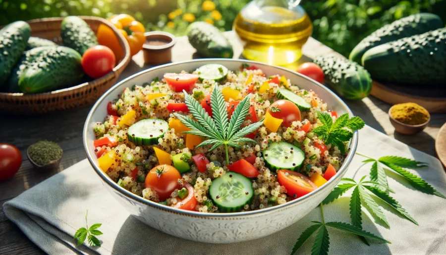 A fresh and colorful cannabis quinoa salad in a white bowl, featuring cooked quinoa mixed with chopped cucumbers, tomatoes, bell peppers, and fresh herbs like parsley. Drizzled with cannabis-infused olive oil and lemon juice, the salad is garnished artistically. The setting is outdoors on a garden table with a natural, summery backdrop and sunlight filtering through leaves.